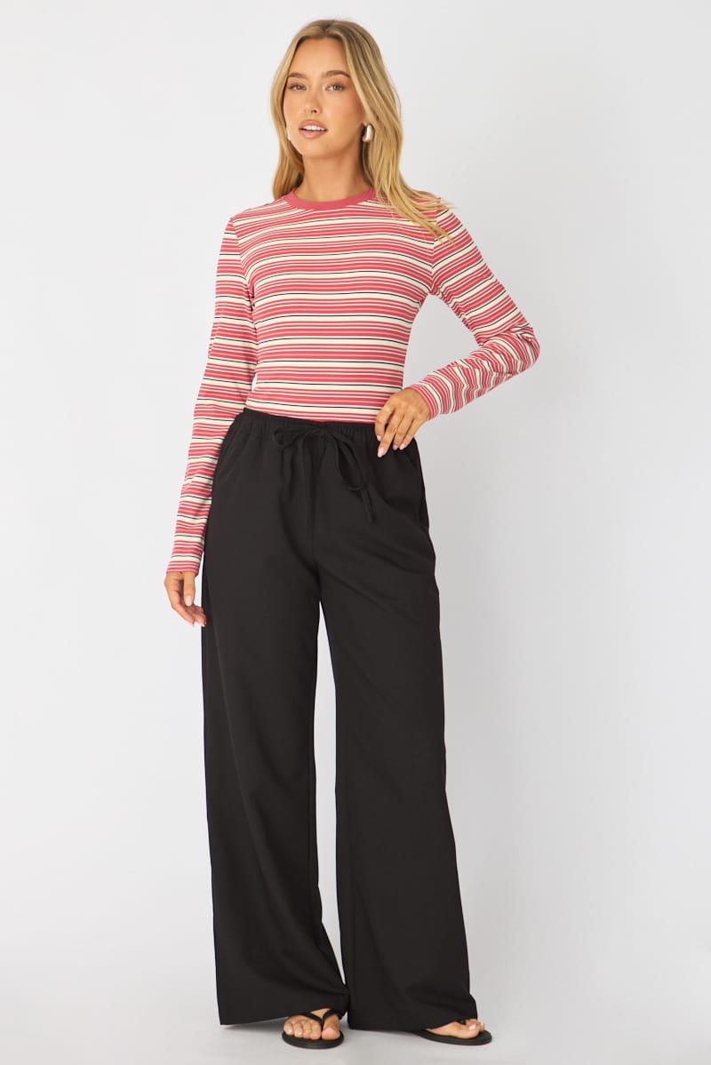 Red Stripe Long Sleeve Rib Stripe Tshirt for Ally Fashion