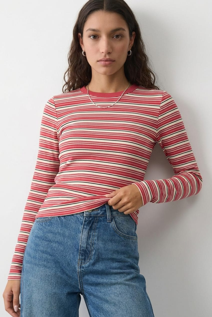 Red Stripe Long Sleeve Rib Stripe Tshirt for Ally Fashion