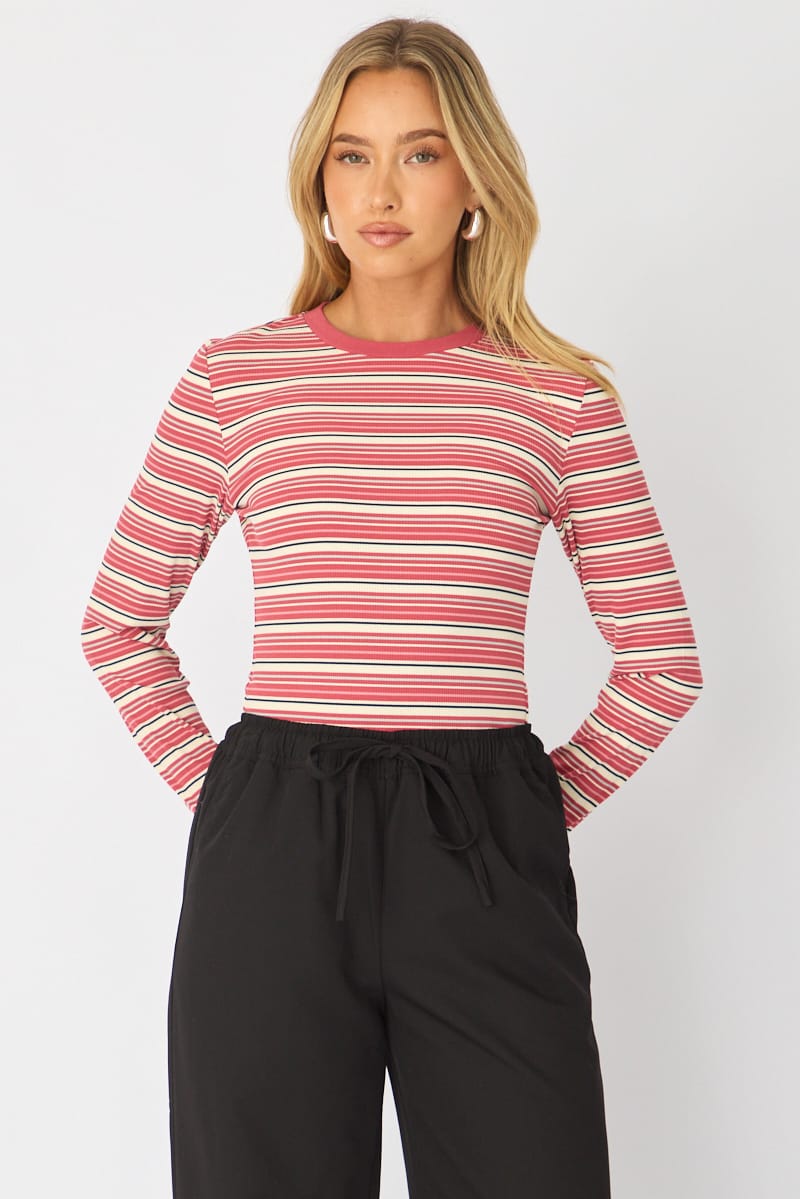 Red Stripe Long Sleeve Rib Stripe Tshirt for Ally Fashion