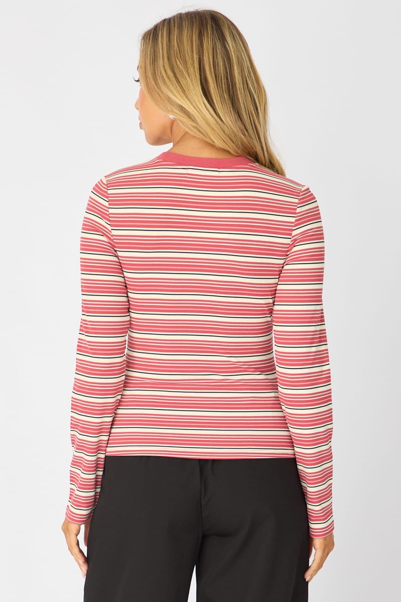 Red Stripe Long Sleeve Rib Stripe Tshirt for Ally Fashion