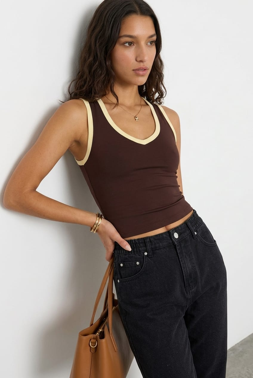 Brown Contrast Sleeveless V-neck Tank for Ally Fashion