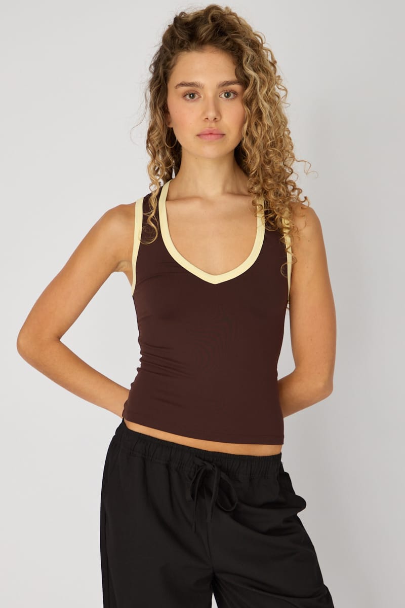 Brown Contrast Sleeveless V-neck Tank for Ally Fashion