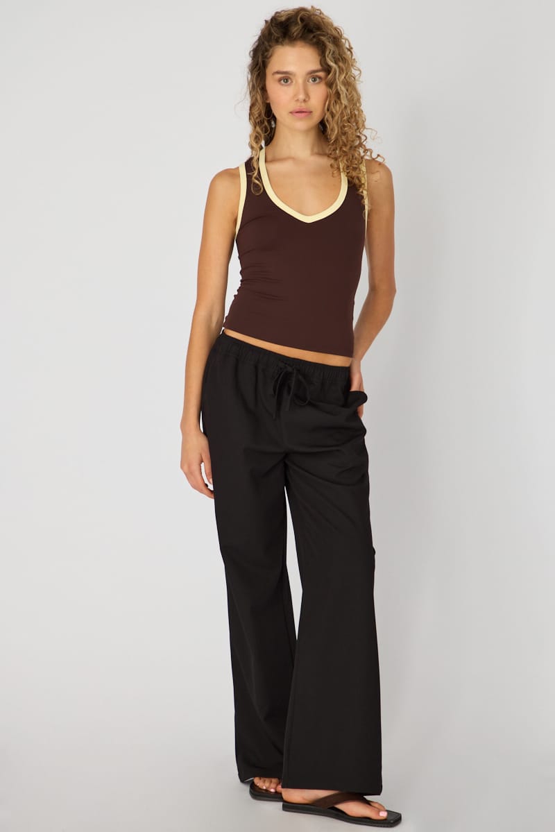 Brown Contrast Sleeveless V-neck Tank for Ally Fashion
