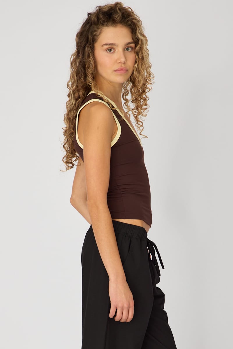 Brown Contrast Sleeveless V-neck Tank for Ally Fashion