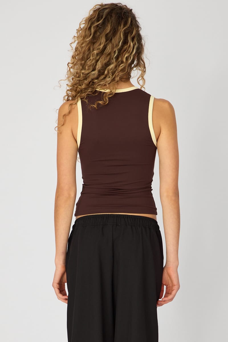 Brown Contrast Sleeveless V-neck Tank for Ally Fashion