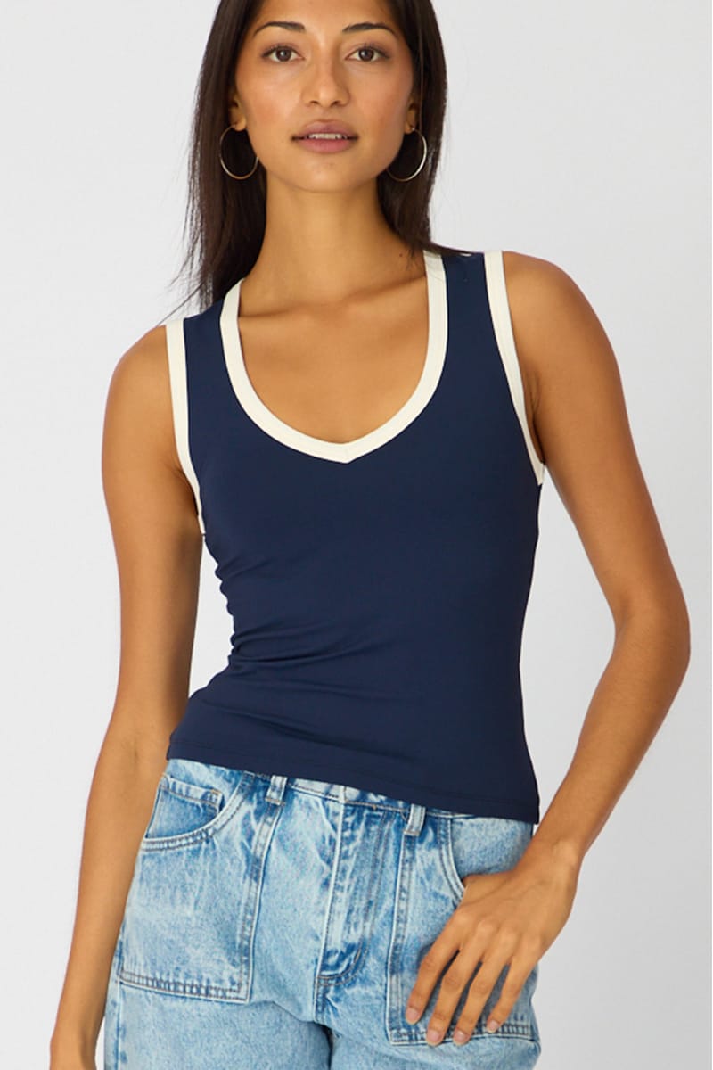 Blue Contrast Sleeveless V-neck Tank for Ally Fashion