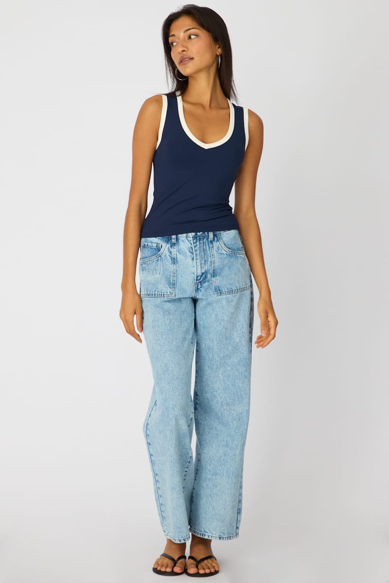 Blue Contrast Sleeveless V-neck Tank for Ally Fashion