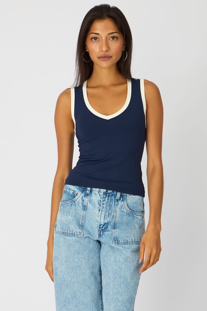 Blue Contrast Sleeveless V-neck Tank for Ally Fashion