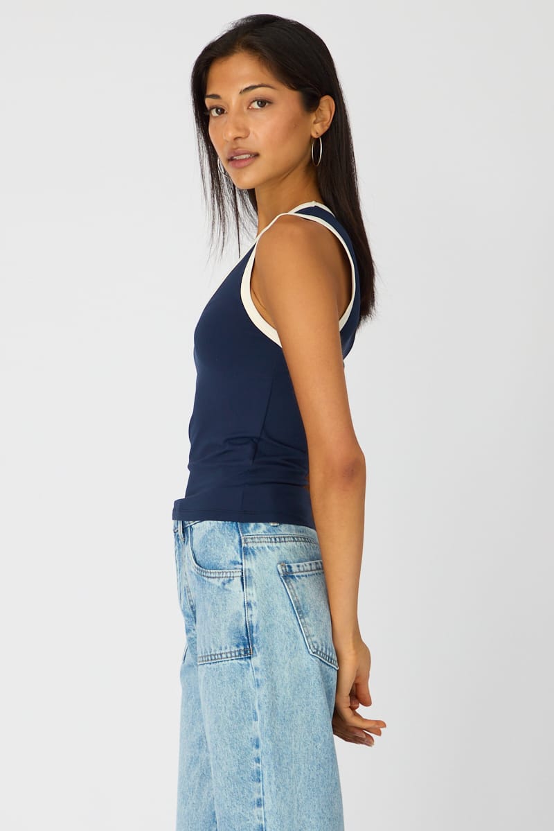 Blue Contrast Sleeveless V-neck Tank for Ally Fashion