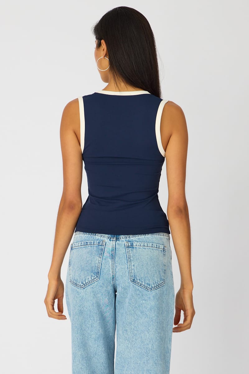 Blue Contrast Sleeveless V-neck Tank for Ally Fashion