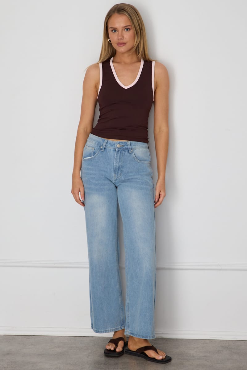 Brown Contrast Tank V-neck Supersoft Fabric Slim Fit for Ally Fashion