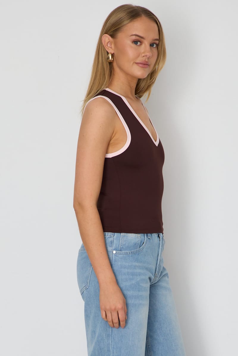 Brown Contrast Tank V-neck Supersoft Fabric Slim Fit for Ally Fashion
