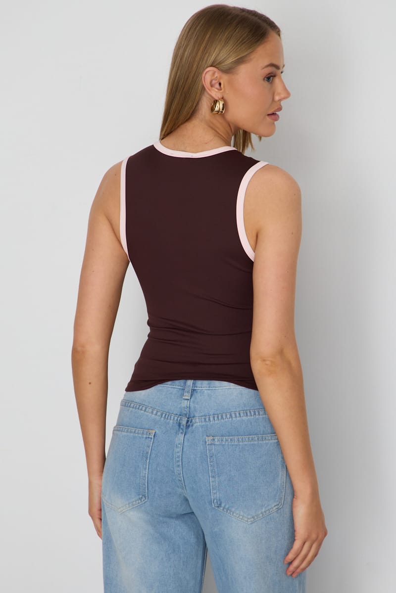 Brown Contrast Tank V-neck Supersoft Fabric Slim Fit for Ally Fashion