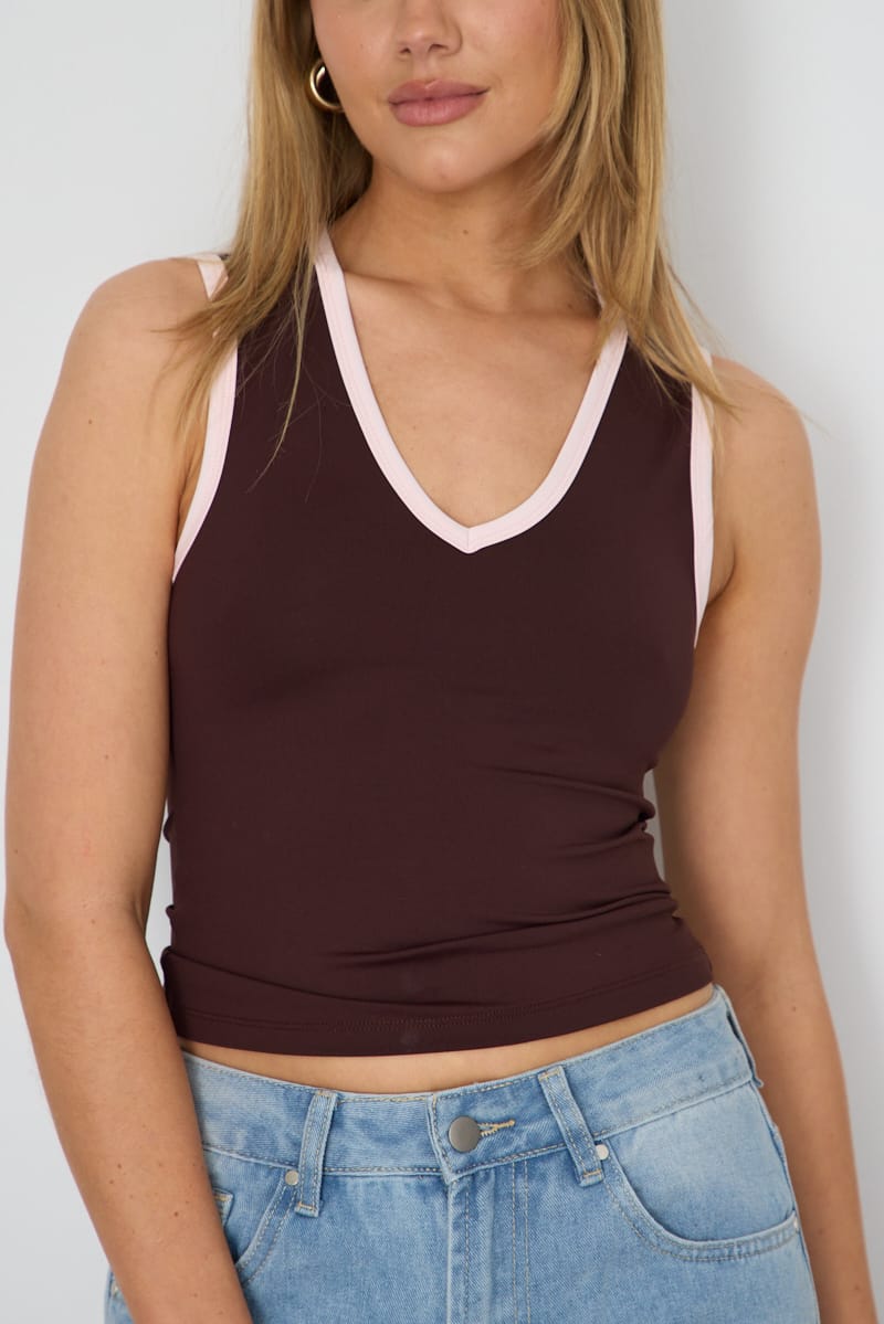 Brown Contrast Tank V-neck Supersoft Fabric Slim Fit for Ally Fashion