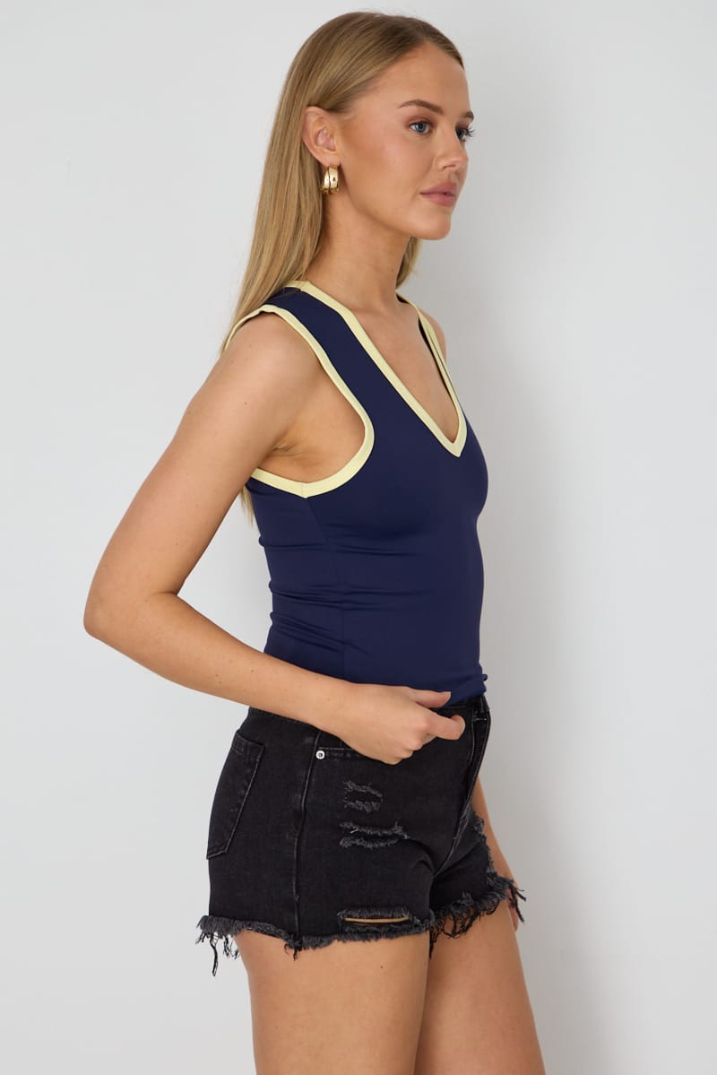 Blue Contrast Tank V-neck Supersoft Fabric Slim Fit for Ally Fashion