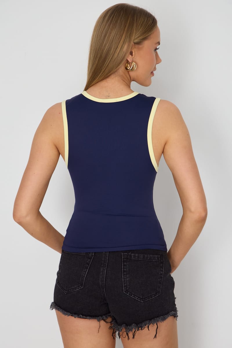 Blue Contrast Tank V-neck Supersoft Fabric Slim Fit for Ally Fashion