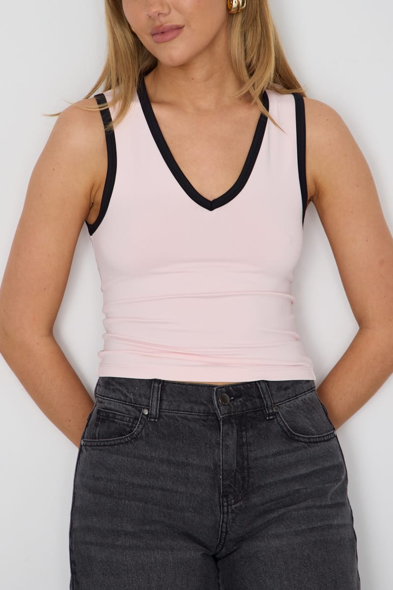Pink Contrast Tank V-neck Supersoft Fabric Slim Fit for Ally Fashion
