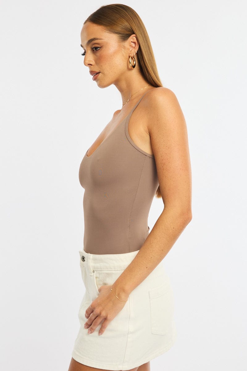 Brown Bodysuit Singlet V-neck Supersoft for Ally Fashion