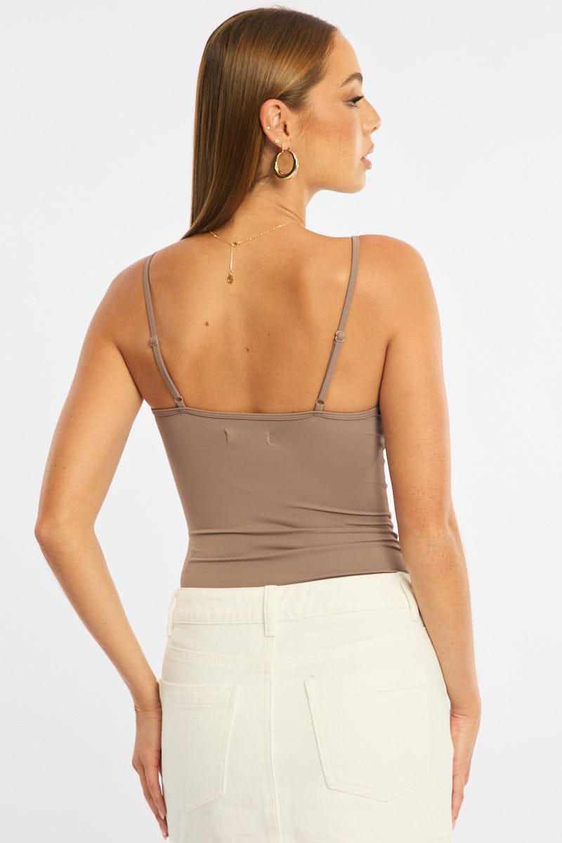 Brown Bodysuit Singlet V-neck Supersoft for Ally Fashion