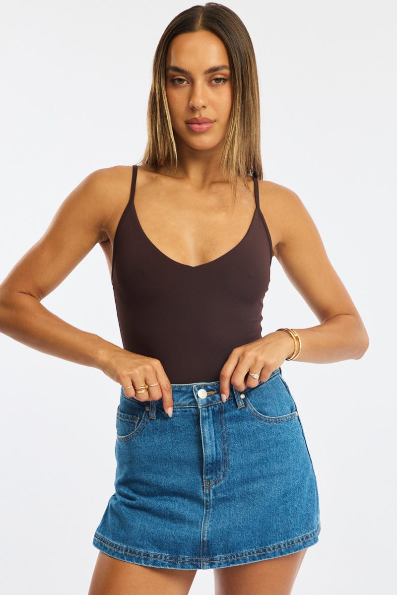 Brown Bodysuit Singlet V-neck Supersoft for Ally Fashion