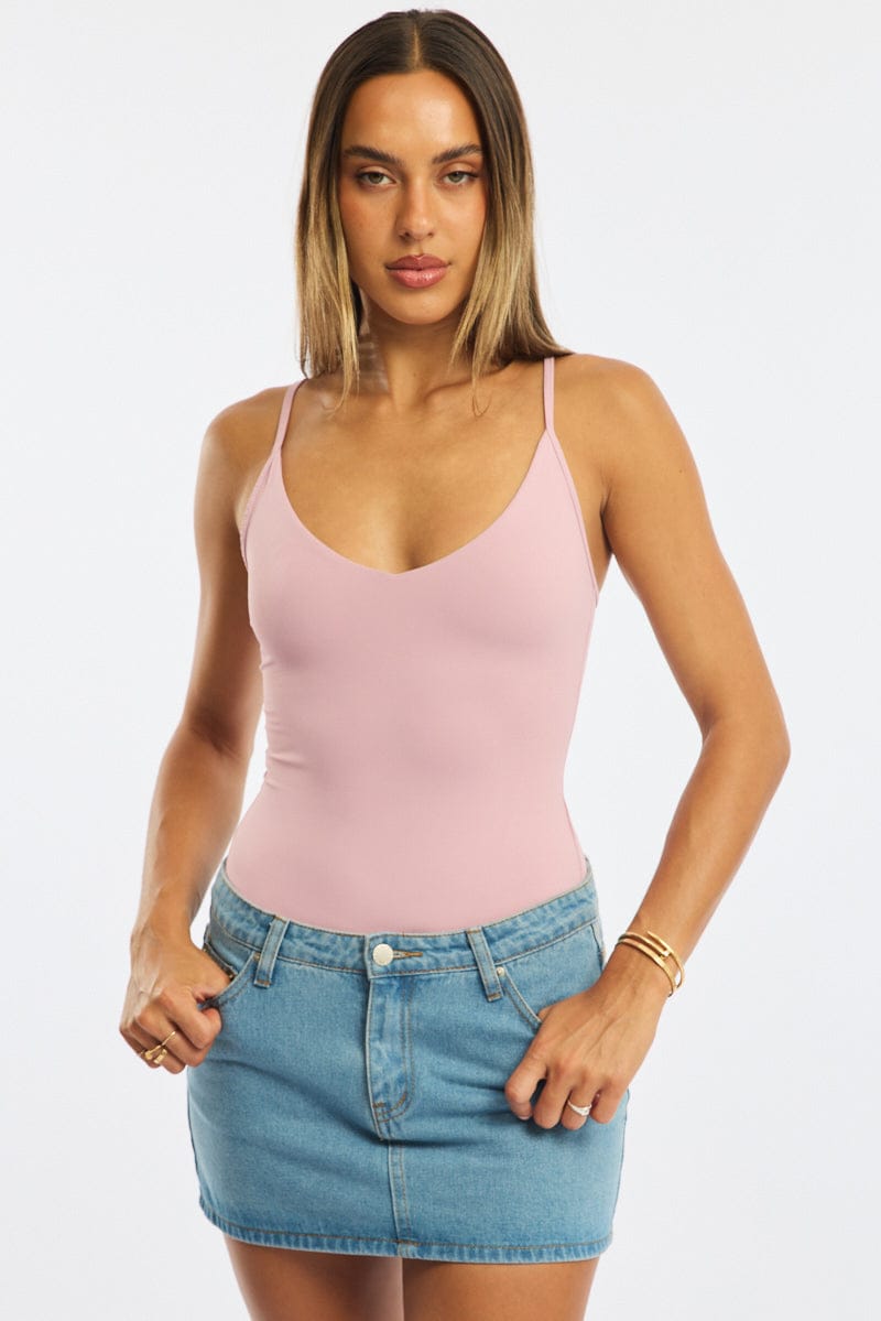 Pink Bodysuit Singlet V-Neck Supersoft from Ally Fashion