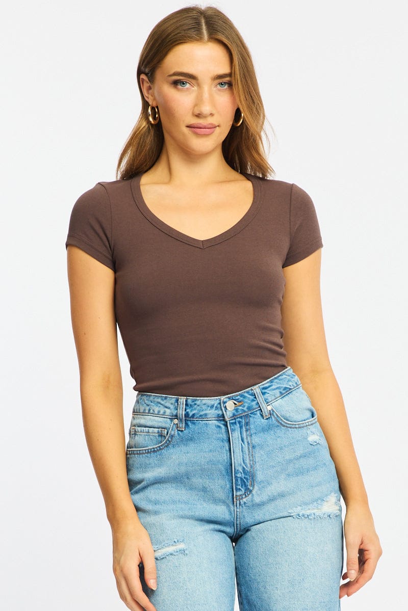 Brown T-shirt Short Sleeve for Ally Fashion