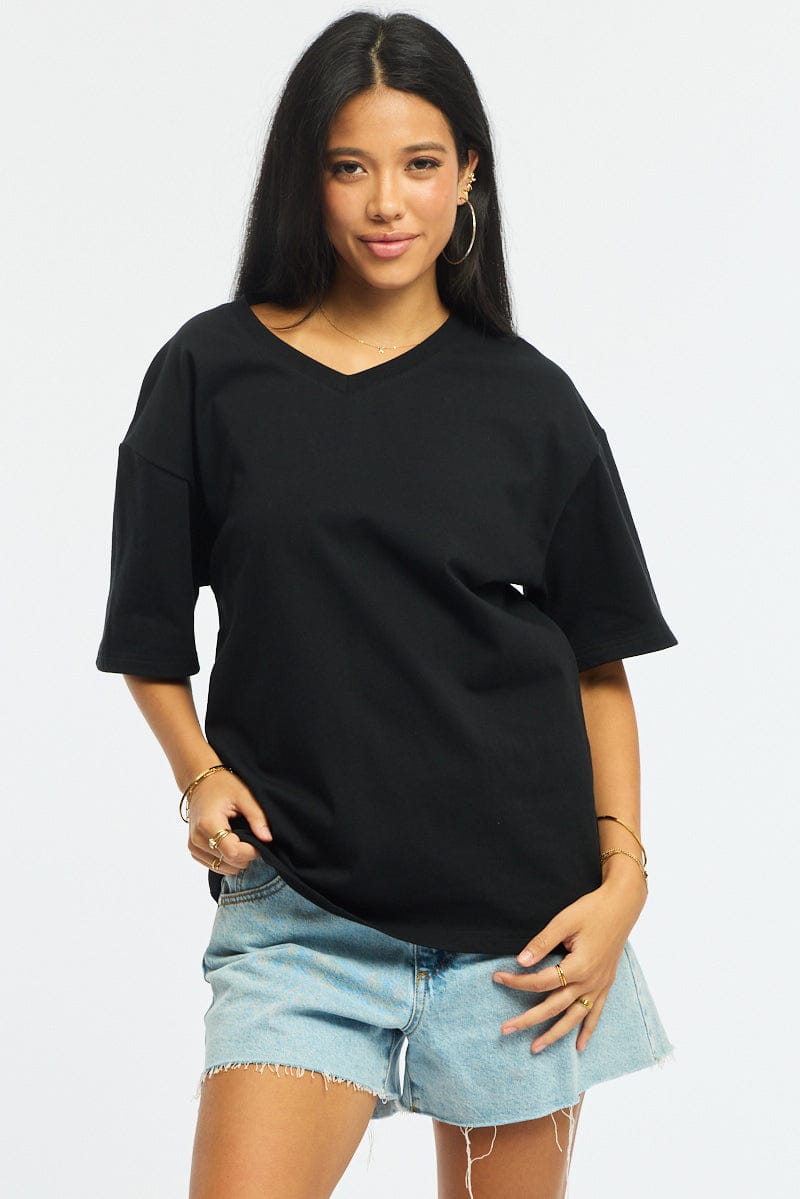 Black Oversized Tee V-neck Short Sleeve for Ally Fashion