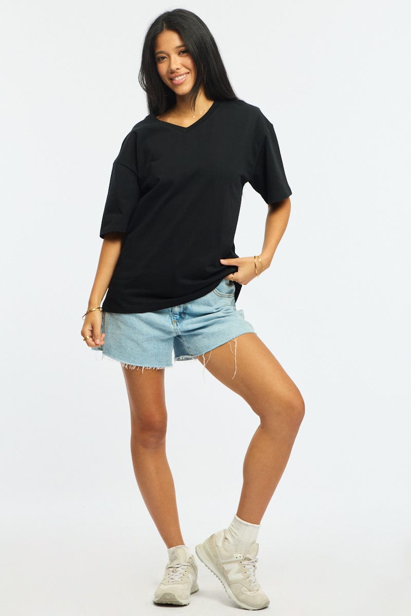 Black Oversized Tee V-neck Short Sleeve for Ally Fashion