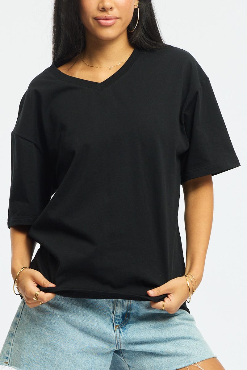 Black Oversized Tee V-neck Short Sleeve for Ally Fashion