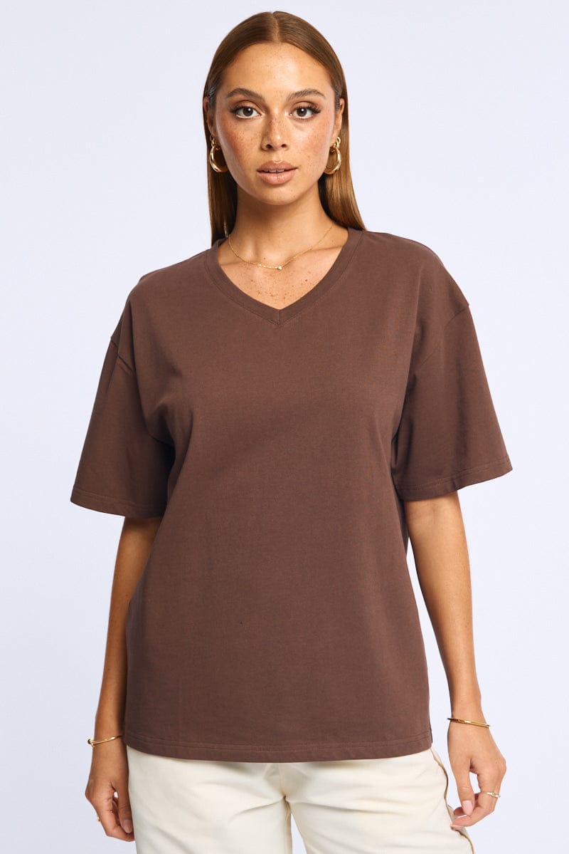 Brown Oversized Tee V-neck Short Sleeve for Ally Fashion