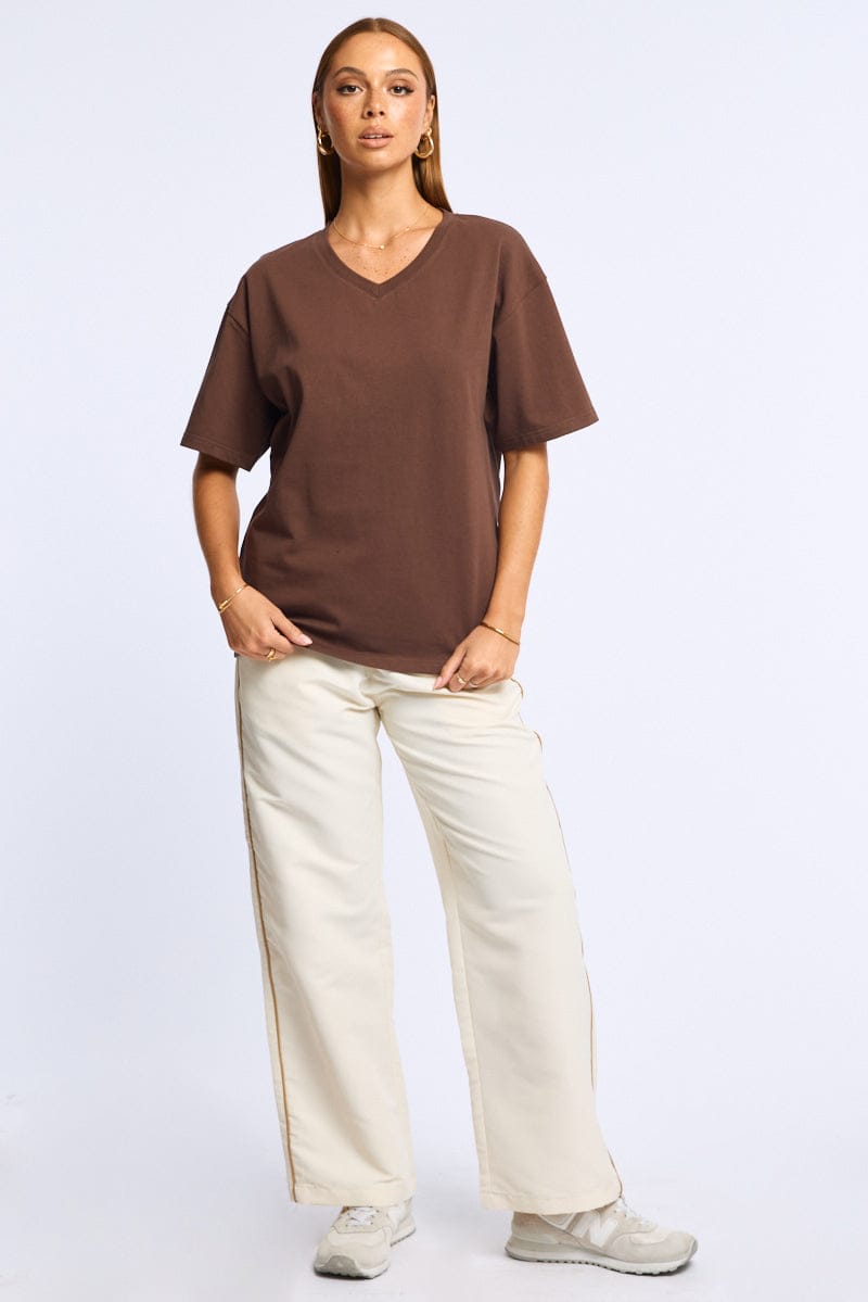 Brown Oversized Tee V-neck Short Sleeve for Ally Fashion