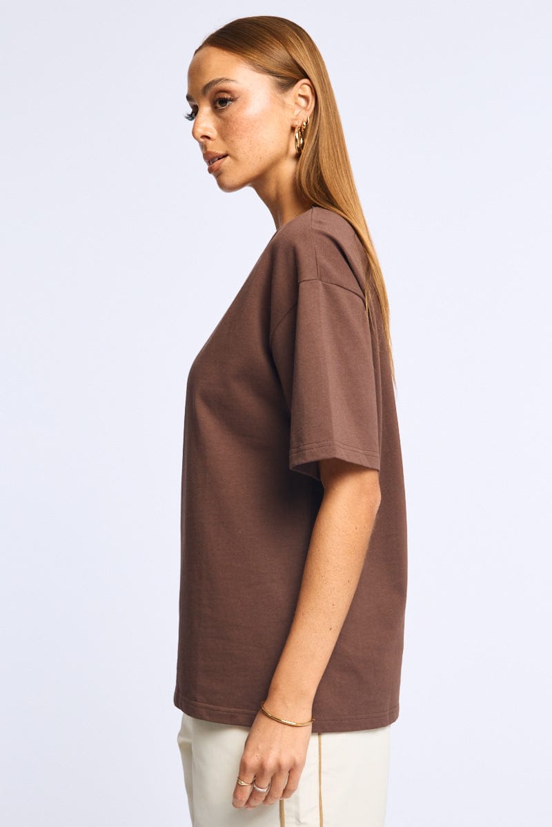 Brown Oversized Tee V-neck Short Sleeve for Ally Fashion