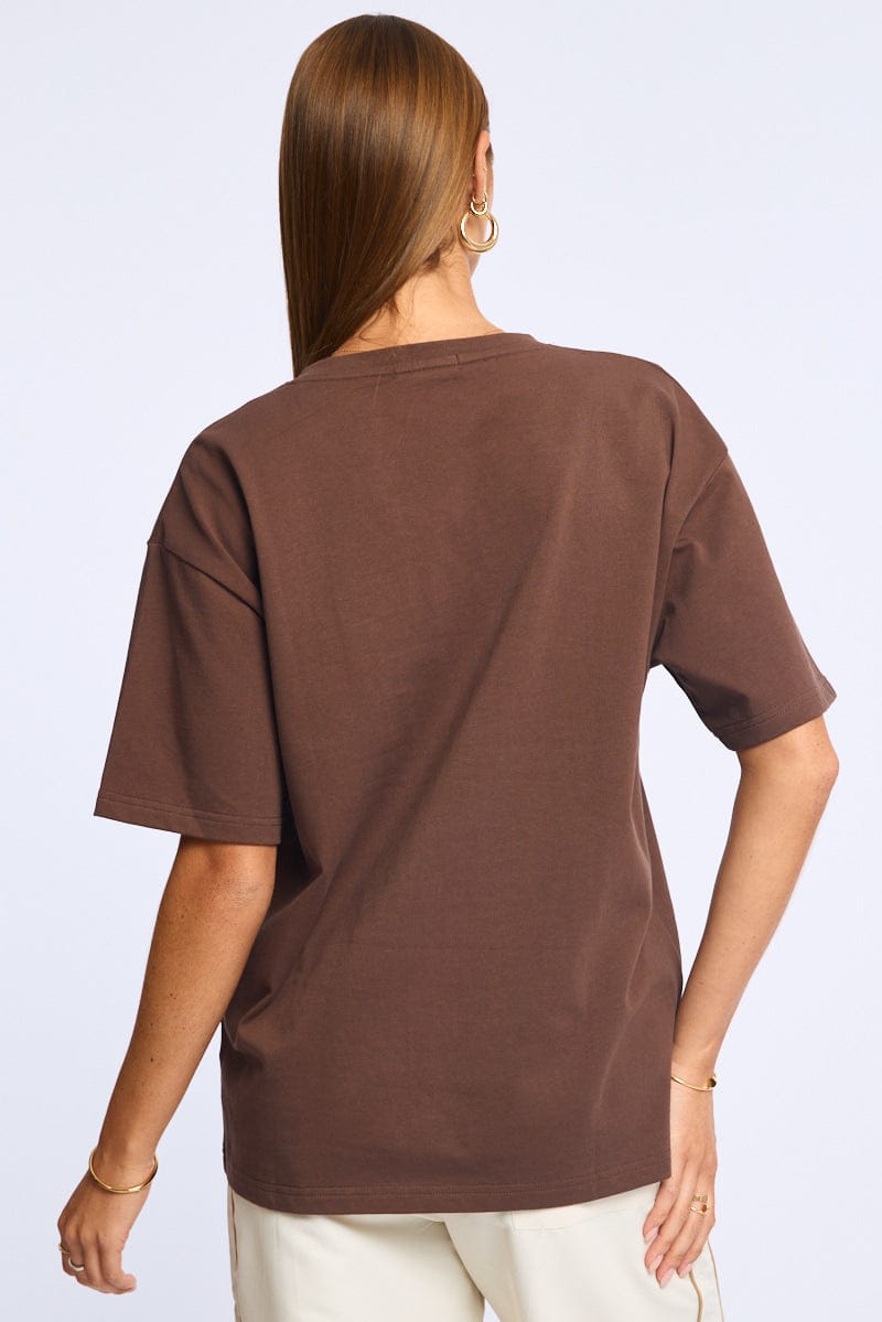 Brown Oversized Tee V-neck Short Sleeve for Ally Fashion