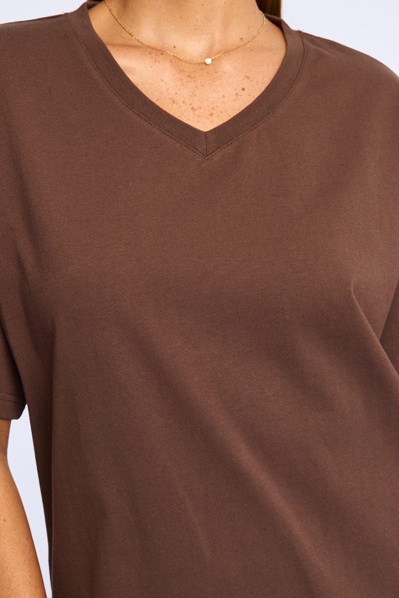 Brown Oversized Tee V-neck Short Sleeve for Ally Fashion