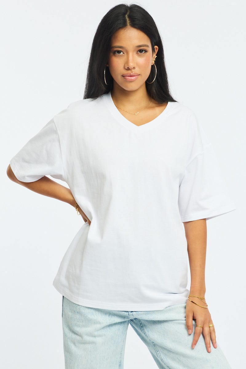 White Oversized Tee V-neck Short Sleeve for Ally Fashion