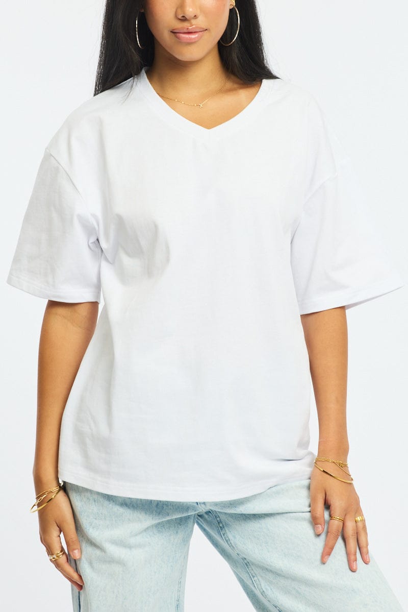 White Oversized Tee V-neck Short Sleeve for Ally Fashion