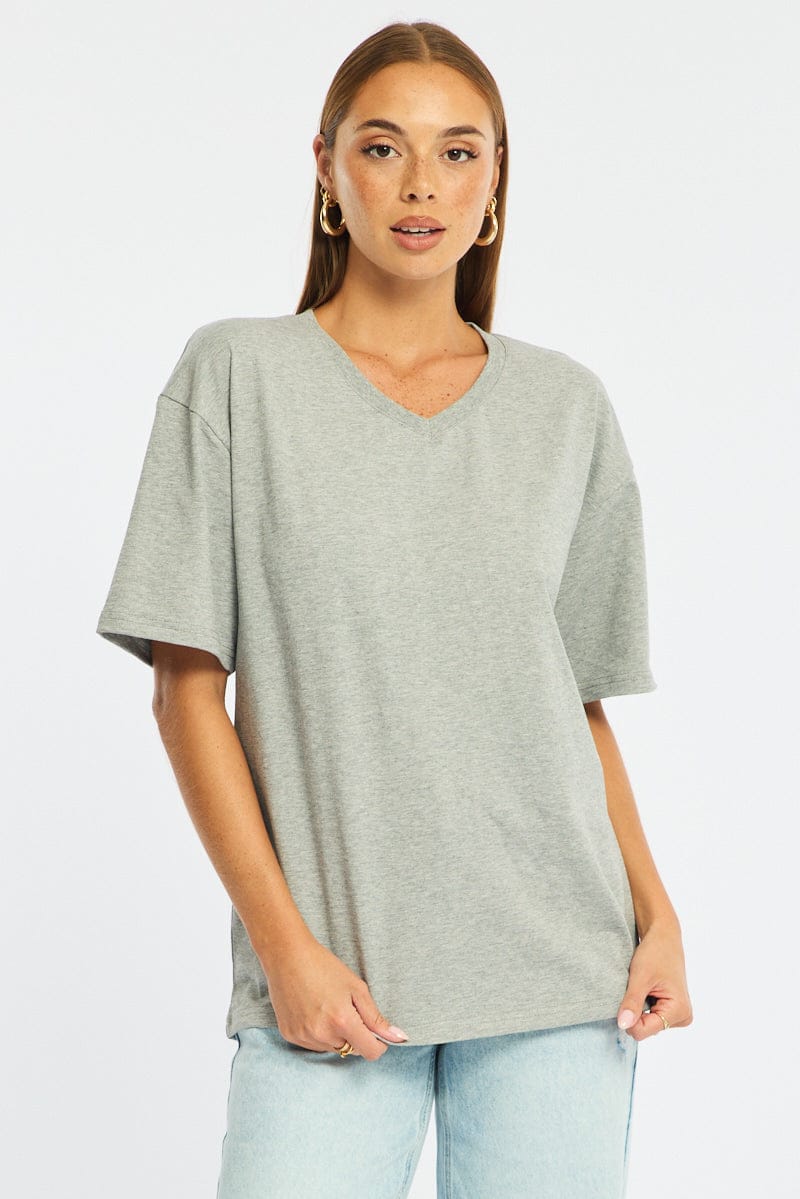 Grey Oversized Tee V-neck Short Sleeve for Ally Fashion