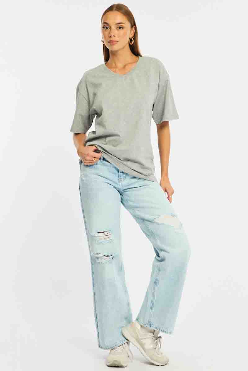 Grey Oversized Tee V-neck Short Sleeve for Ally Fashion