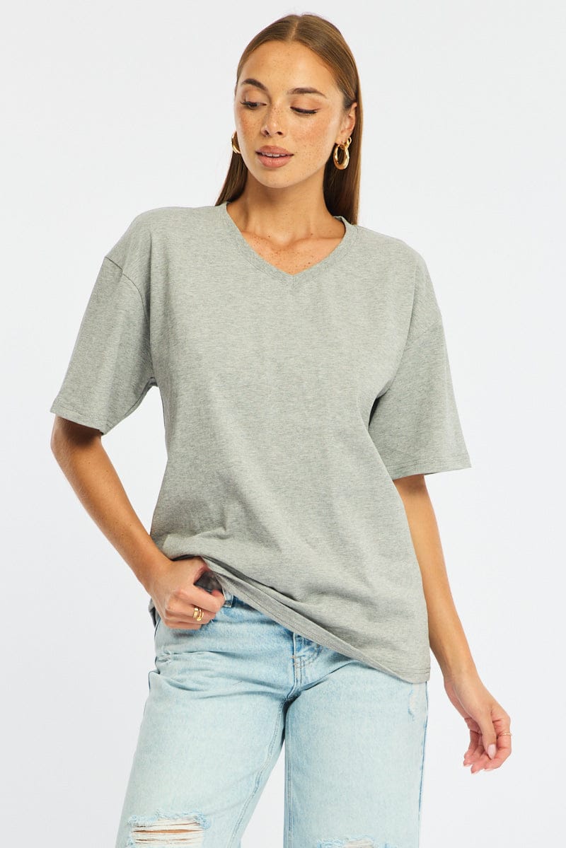 Grey Oversized Tee V-neck Short Sleeve for Ally Fashion