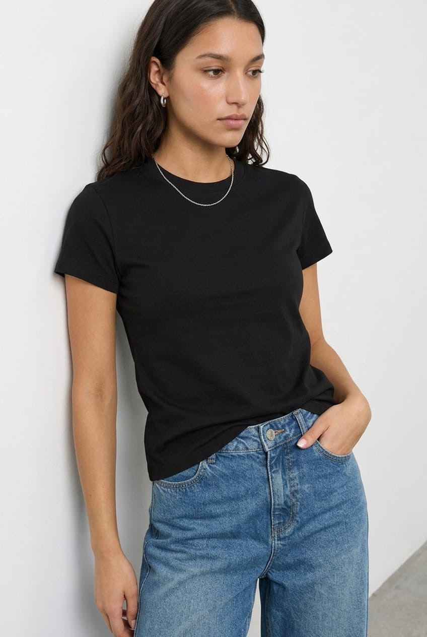 Black Cotton T-shirt Short Sleeve Round Neck for Ally Fashion