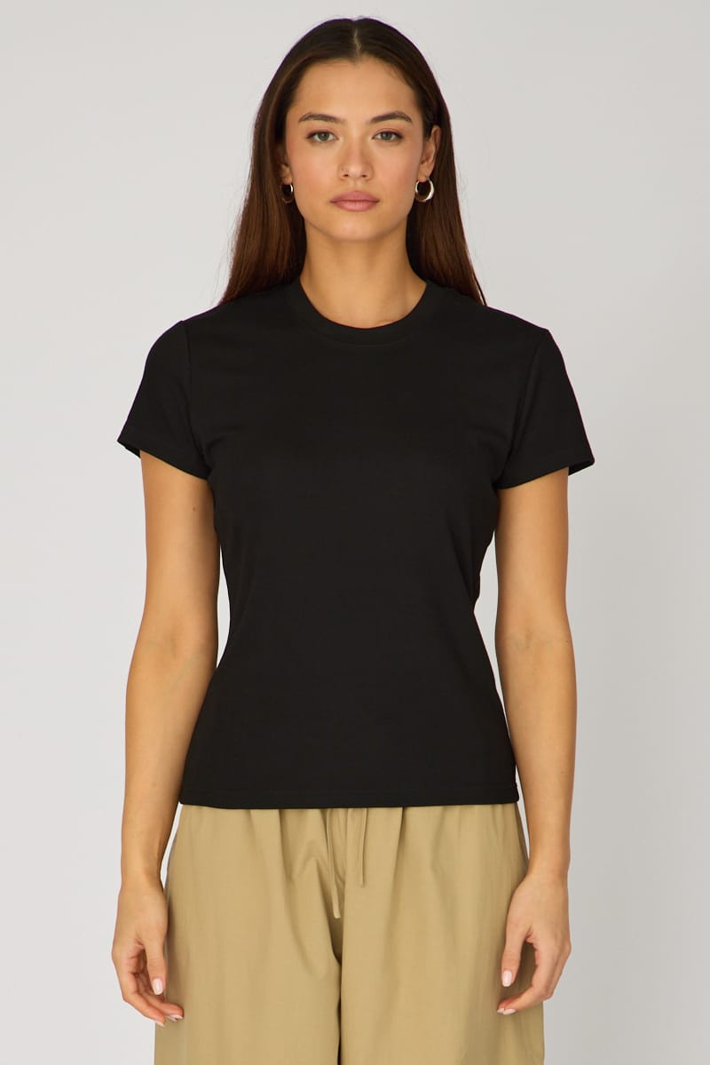 Black Cotton T-shirt Short Sleeve Round Neck for Ally Fashion