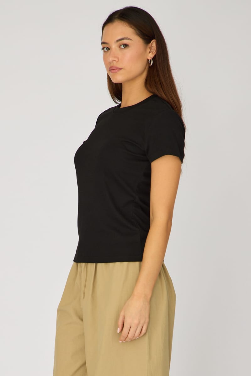 Black Cotton T-shirt Short Sleeve Round Neck for Ally Fashion