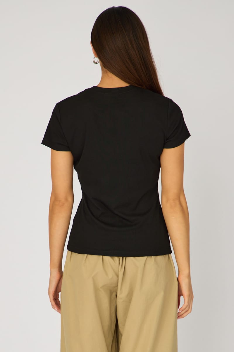Black Cotton T-shirt Short Sleeve Round Neck for Ally Fashion