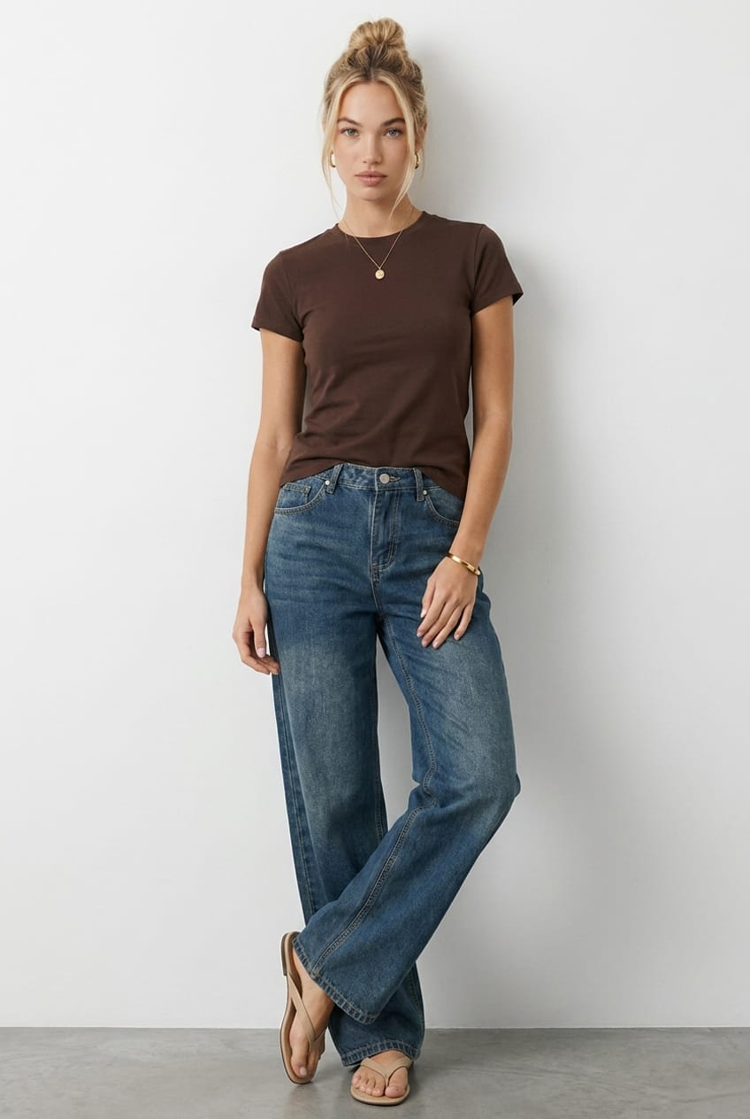 Brown Cotton T-shirt Short Sleeve Round Neck for Ally Fashion