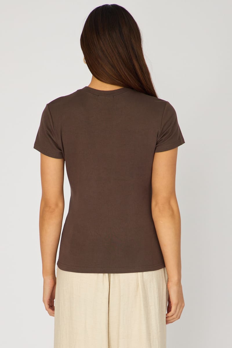 Brown Cotton T-shirt Short Sleeve Round Neck for Ally Fashion