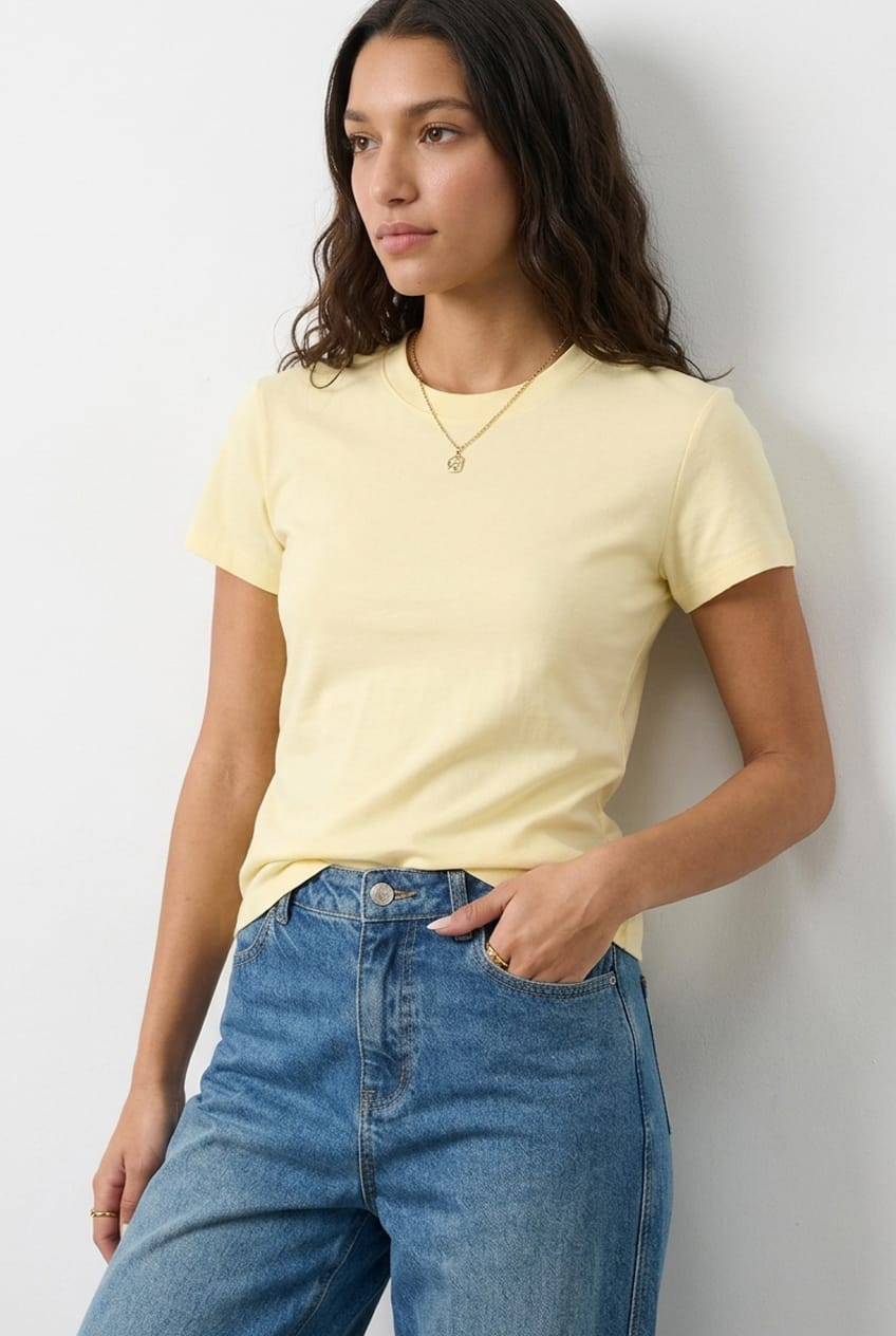 Yellow Cotton T-Shirt Short-Sleeve Round Neck from Ally Fashion
