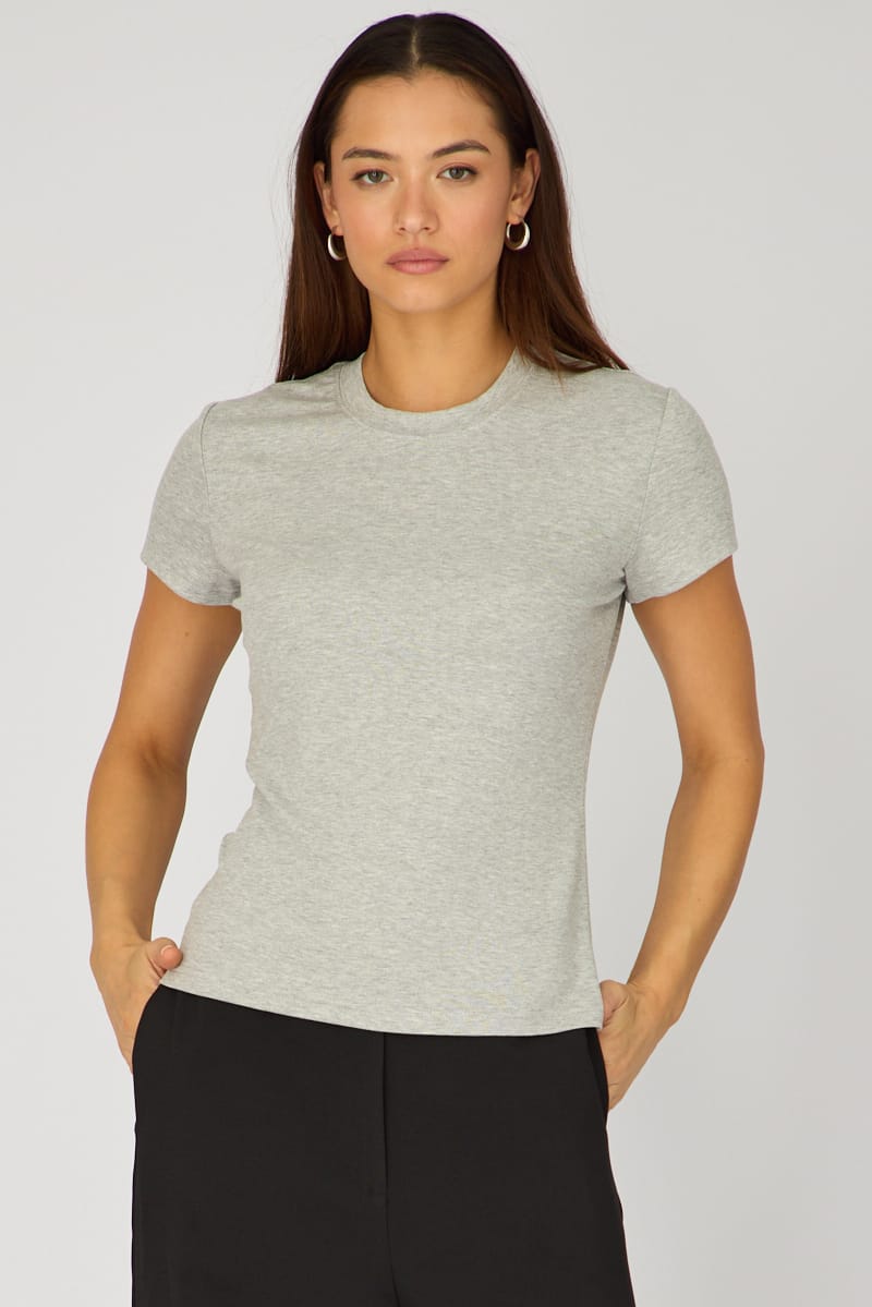 Grey Cotton T-shirt Short Sleeve Round Neck for Ally Fashion