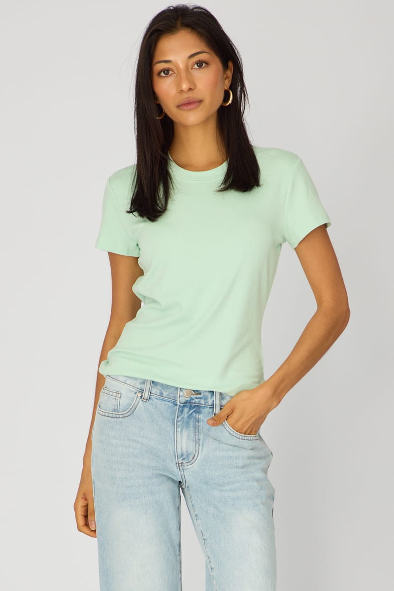 Green Cotton T-shirt Short Sleeve Round Neck for Ally Fashion