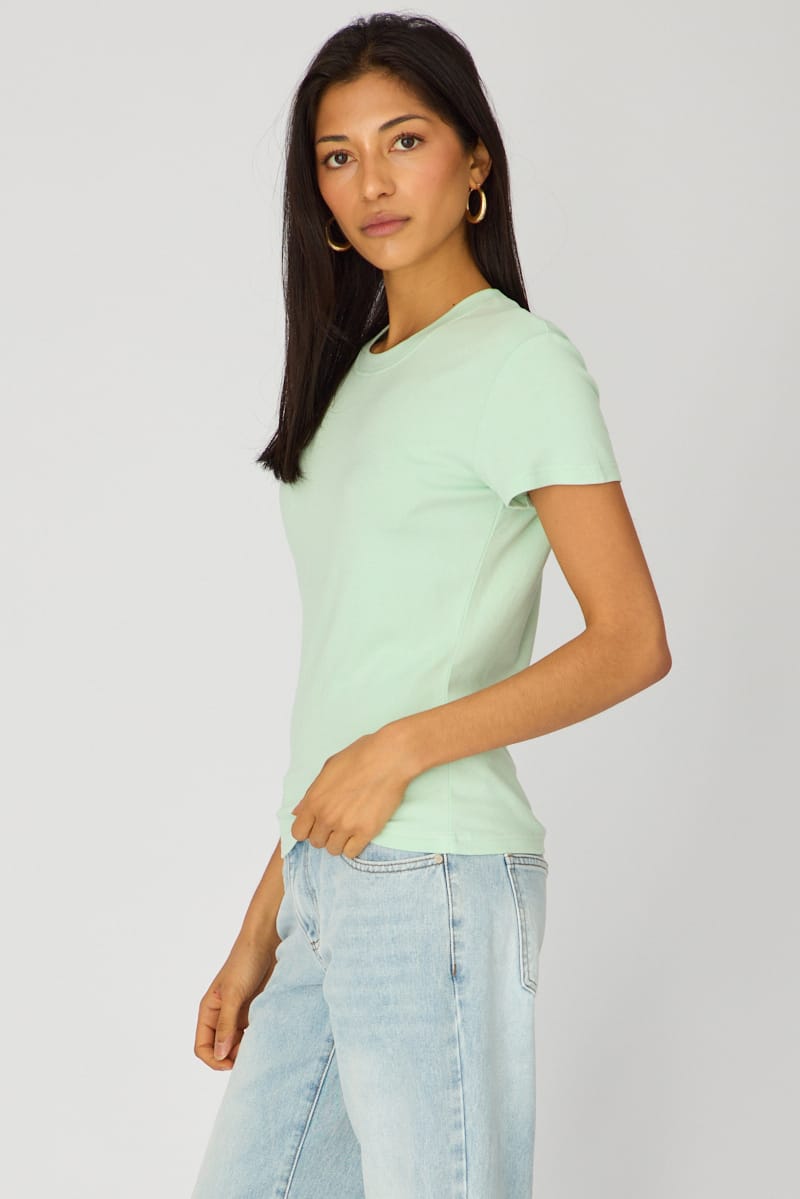 Green Cotton T-shirt Short Sleeve Round Neck for Ally Fashion