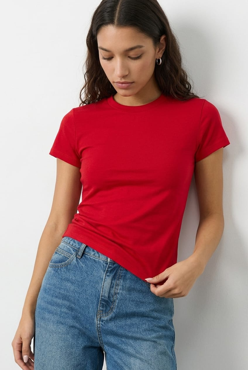 Red Cotton T-shirt Short Sleeve Round Neck for Ally Fashion